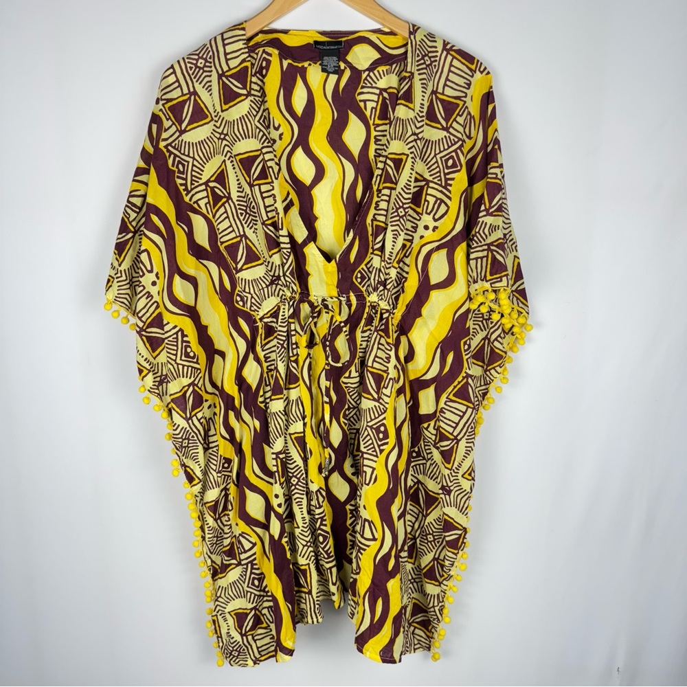 Moda International Yellow and Brown Patterned Kimono Shirt Dress Beach Coverup